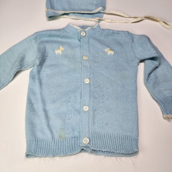 Vintage Blue Bird Baby Infant Knitted Button Cardigan Boys Girls with Cap - Picture 3 of 10